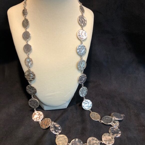 Chico's necklace - long and dangling, silver tone, connects many circles. - Picture 1 of 3